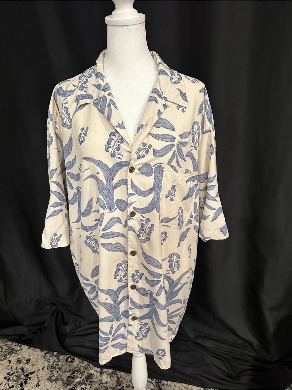 Men's Cream Button-Down Shirt with Blue Floral Print